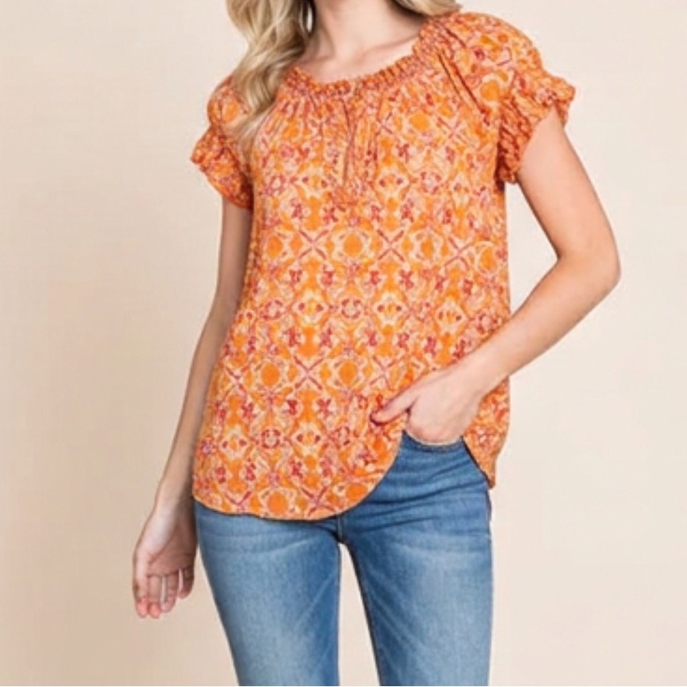 🔥3/$15  Faded Glory Ruffled Floral Top Orange Large